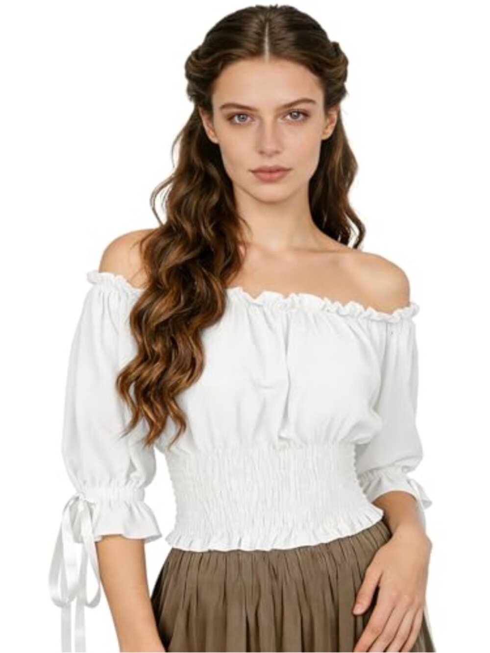 Womens Renaissance Off Shoulder Peasant Blouse Puff Sleeve Smocked Top